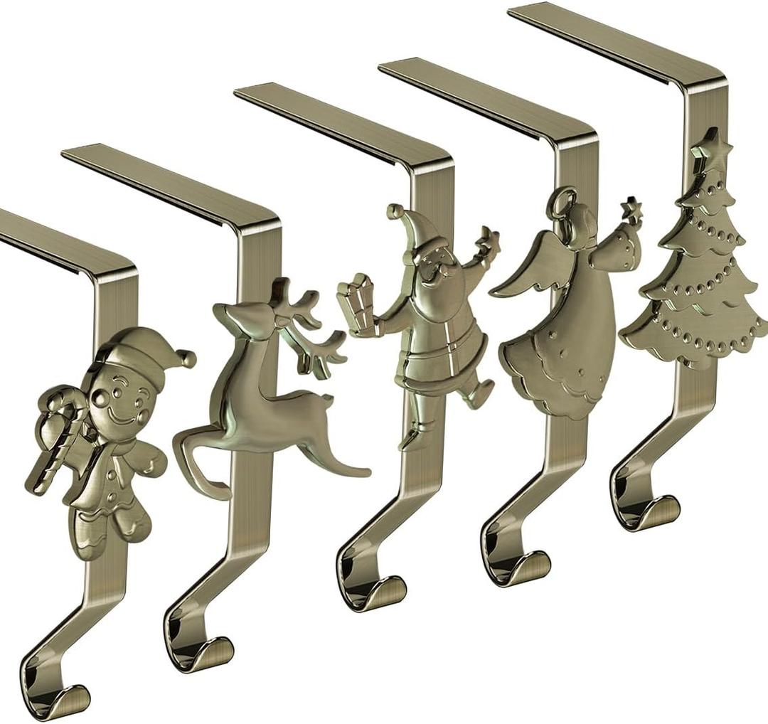 Stocking Holder for Mantle, Christmas Stocking Holders Set of 5, Reusable Christmas Stocking Hooks, No-Damage Xmas Hanger for Fireplace Mantle Grip Christmas Decoration Ornaments Hanging (Bronze)