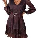 Woman Shiny Threads Dress Long Sleeve Lined with Belt V Neck Mini Pleated Dress (hongse, S) Red