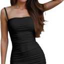 Womens Square Neck Spaghetti Strap Sleeveless Bodycon Cami Dresses Ruffle Hem Ruched Backless Sexy Mini Dresses (S)