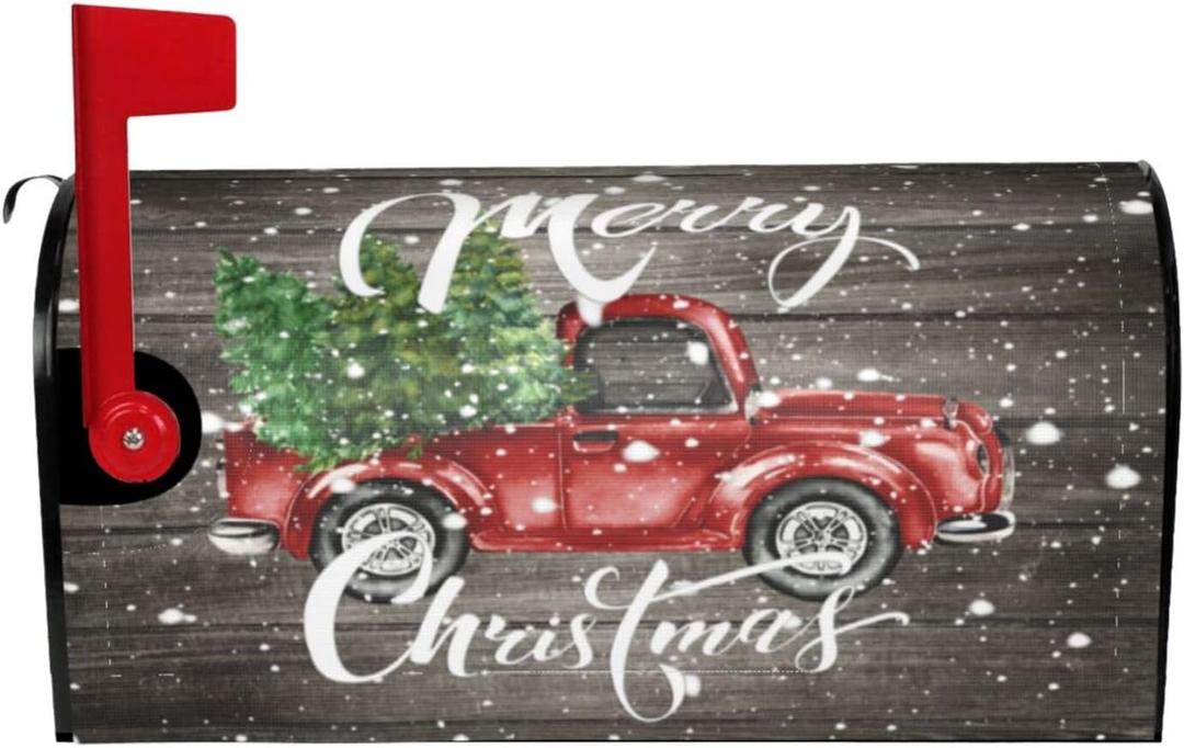 GONGTAOMO Farm Rustic Vintage Retro Old Christmas Red Truck Mailbox Covers Magnetic Mailbox Wraps Post Letter Box Cover Standard Oversize 21"X18"/ 25.5" X 21" Mailwrap Garden Home Decor