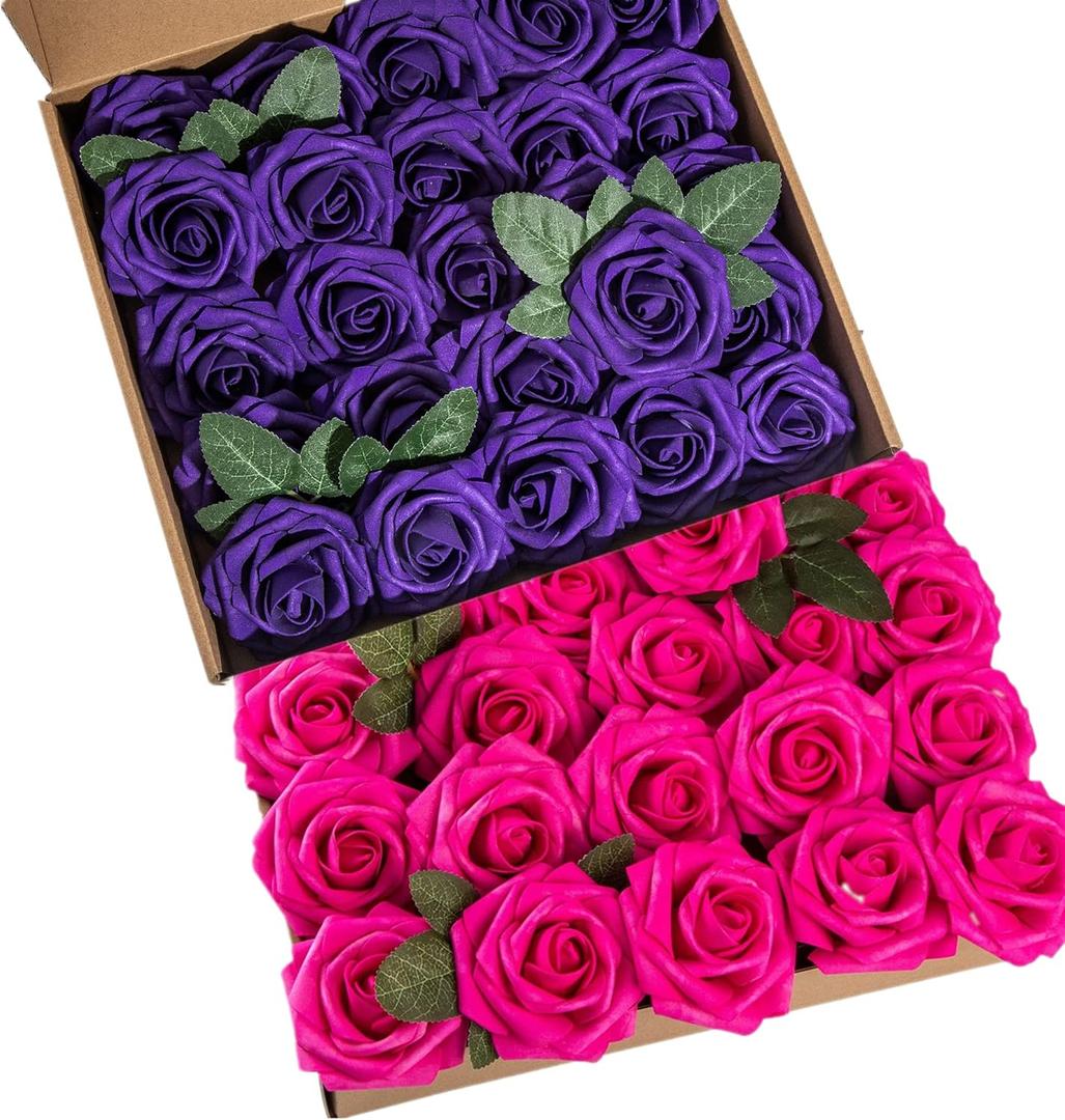 Hot Pink Foam Rose 50pcs Real Looking Fake Purple Rose with Stems Leaves for Home Decoration Party Garden Centerpieces DIY Wedding BouquetsHot Pink&Purple