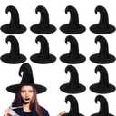 Mepase 12 Pcs Halloween Witch Hat Satin Soft Wizard Hat Witch Accessories Men Women's Black Costume Headwear Crooked Witch Hats for Adult Masquerade Cosplay Party