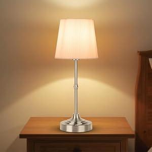 MHazlxs Rechargeable Table Lamp, Cordless Touch Lamps, Portable Desk Light with Stepless Dimmable Brightness & Fabric Shade for Nightstand Bedside Living Room (Silver, Twill)
