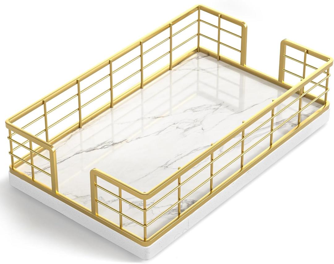Wican Marble Guest Towel Holder Tray for Bathroom, Napkins Holder for Powder Room Dinning Table Wooden Basket for Disposable Paper Hand Towels Gold and Marble White (9.06 x 5.51 x 2.56 inchs)