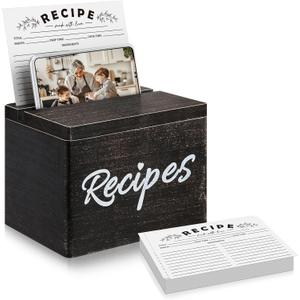 Hoteam Wooden Recipe Box with Cards Rustic Wood Recipe Card Holder with 50 Pcs 5 x 7 Cards Set Farmhouse Organization Box with Dual Slots for Phone Kitchen Decoration(Black)