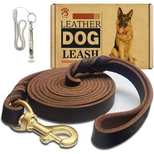 Leather Dog Leash 8ft x 3/ 4 inch, Strong Heavy Duty Genuine Leather Braided Dog Training Leash, Soft and Comfortable Leather Leash for Large Dogs, Medium Small Dogs (Brown)