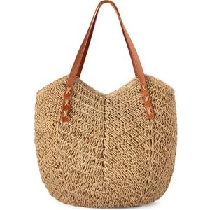 Beach Bags for Women - Straw Bag with Zipper, Soft Woven beach bag, Casual Straw Shoulder Bag for Daily Use