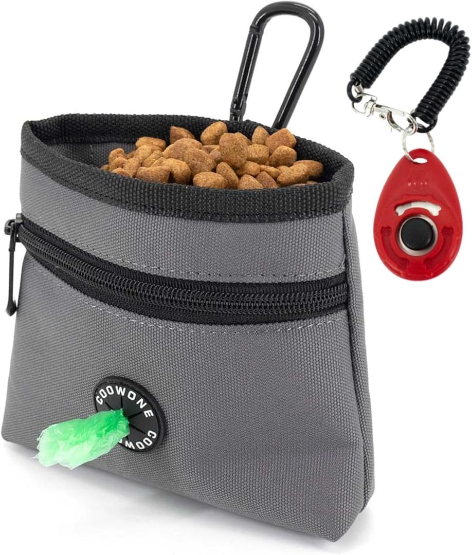 COOWONE Dog Treat Pouch with Pet Training Clicker, Detachable Dog Puppy Training Treat Bag, 900D Oxford Cloth Magnetic Closure Small Dog Poop Bag Holder for Travel or Outdoor Use (Grey)