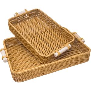 GIB Rectangular Rattan Serving Trays with Handles, Small Woven Poly Wicker Baskets Trays for Coffee Table Decor, Bread, Flat Shallow Platters for Fruit, Snacks, Set of 2