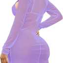 HUUSA Swimsuits Coverups for Women Long Sleeve Bathing Suit Cover Up Drawstring Mesh Sheer Dress 2025 Trendy (Purple, L)