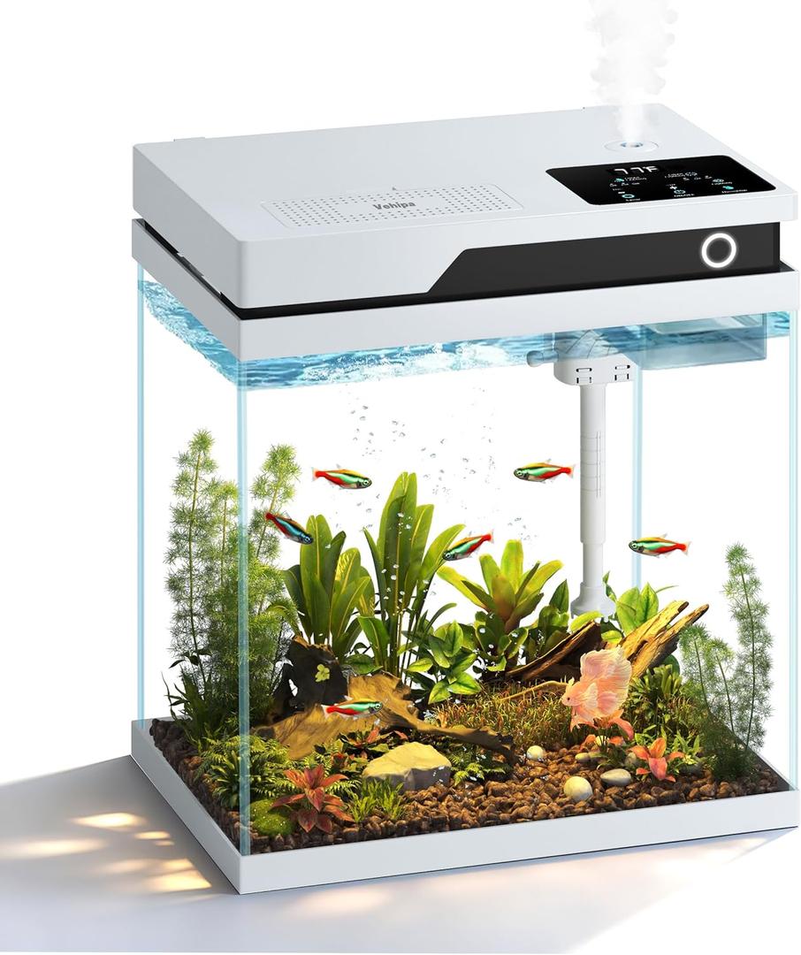 Fish Tank, Smart Fish Aquarium Kit 4 Gallon with Auto Feeder, Humidifier, 4-in-1 Silent Pump, Temperature Display & Adjustable Lighting for Desktop, Office, Room