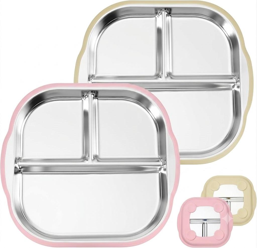 Stainless Steel Kids Plates with Suction, 9.4"X 9” Divided Baby Toddler Plates with Removable Silicone Sleeves, Non-Slip Toddler Plate Unbreakable Metal Toddler Bowls Dinnerware Set of 2 (Pink, Beige)