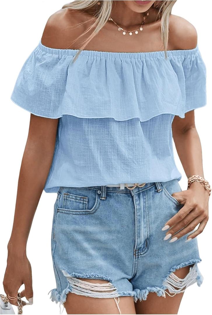 SweatyRocks Women's Off The Shoulder Blouse Short Sleeve Ruffled Summer Tops, L