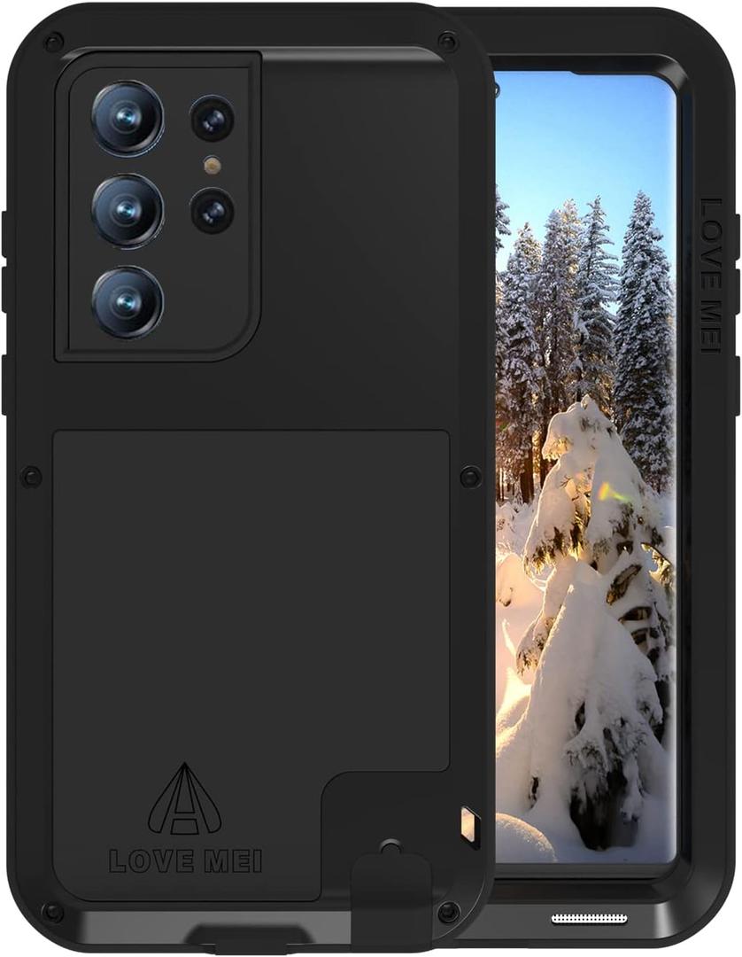 LOVE MEI Military Rugged Case for Samsung Galaxy S23 Ultra, Without Tempered Glass Screen Protector, Shockproof Dustproof Scratch Proof Hybrid Metal and Silicone Gel Heavy Duty Full Body Cover Black