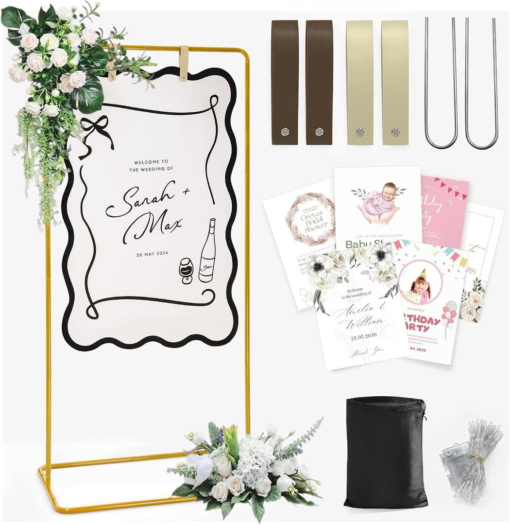 Wedding Welcome Sign Stand with Light, Welcome to our Wedding Sign Holder, Gold Easel Stand for Sign Poster With Design Bundle & Ground Stakes & Leather Sign Hanging Straps, Linen Sign Stand for Wedding Decor