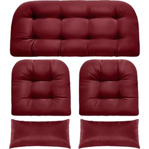 MAGIC ELEPHANT Wicker Chair Cushions, Indoor Outdoor Memory Foam Wicker Furniture Cushions Set of 5, 1 Loveseat and 2 U-Shape and 2 Long Waterproof Cushions for Patio Furniture Bench (Red)