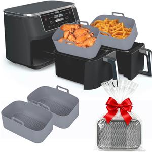 Silicone Air Fryer Liners for Ninja - Reusable DZ201 8QT Dual Basket - Rectangular 2-Pack Vacuum-Packed Easy-Clean Dishwasher-Safe Food-Safe for Home Chefs - Christmas & Housewarming Gifts (Gray)