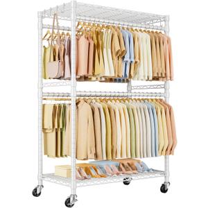 ULIFHOME P4 Plus Rolling Clothes Rack Heavy Duty, Clothing Racks for Hanging Clothes, Free Standing Garment Racks with Wheels, Portable Closet Rack 45''W 20.5''D 80.5''H, Max Load 570 Lbs, White