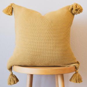 Cozy Soft Cotton Throw Pillow Cover with Ribbed Knit Texture and Tassel Corners adds Warmth and Character to Your Space (20x20, Muted Mustard Yellow)