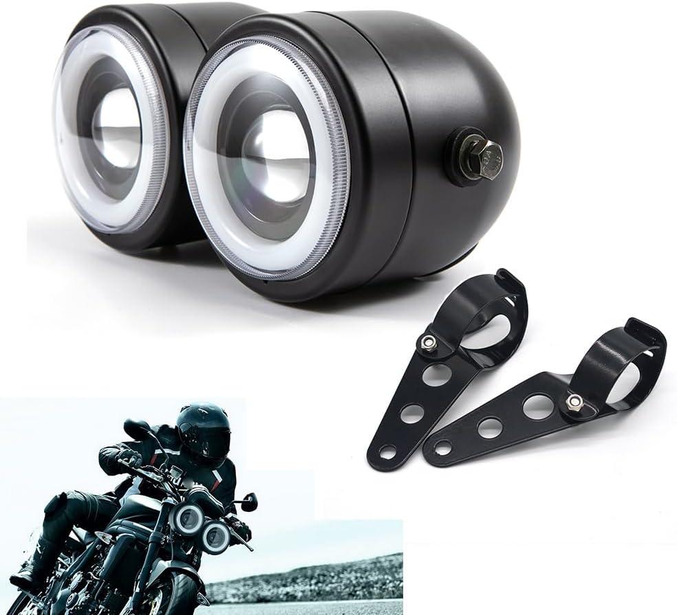 Motorcycle Headlight Assembly LED Double Front Head light with Mounting Brackets Assembly, Front LED Headlamp with DRL High/Low Beam