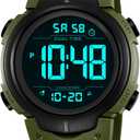 PASOY Mens Women Digital Watch Big Dial Light LED Swim Waterproof Rubber Band Alarm Black LED Watches 50MM (Army Green)