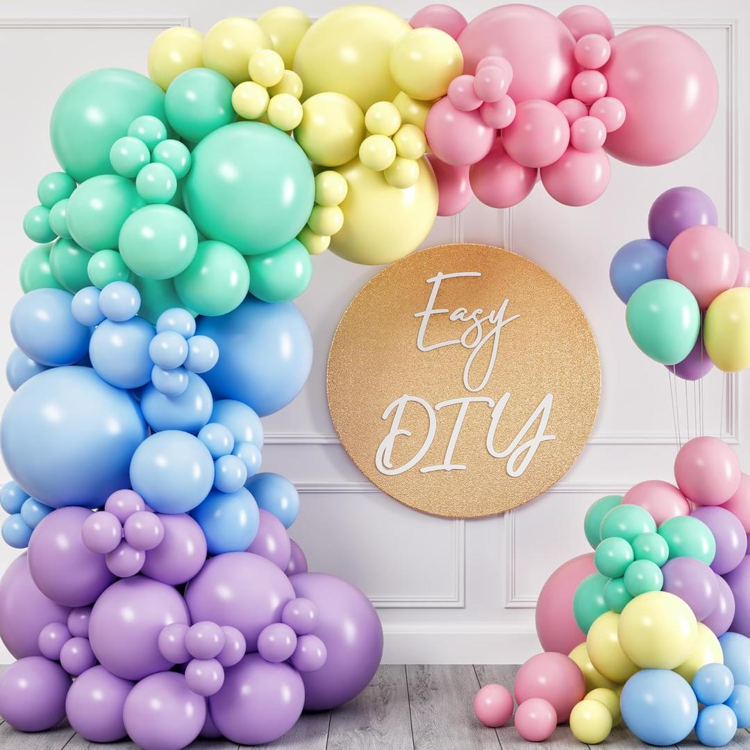 Mixed Sizes - Pastel Balloon Garland Kit & Balloon Arch  Easter Spring Rainbow Party Balloons - Small and Large Balloons, Mint Green, Purple, Yellow, Pink and Blue Balloons, Unicorn Ballon fr Parties
