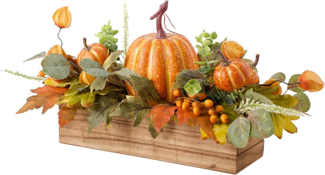 Fall Decor - Faux Pumpkins & Maple Leaves in Wood Box for Table Centerpiece, Shelf, Mantel, Window Sill Decor - Autumn Thanksgiving Arrangement for Home Indoor Outdoor - 14 inch