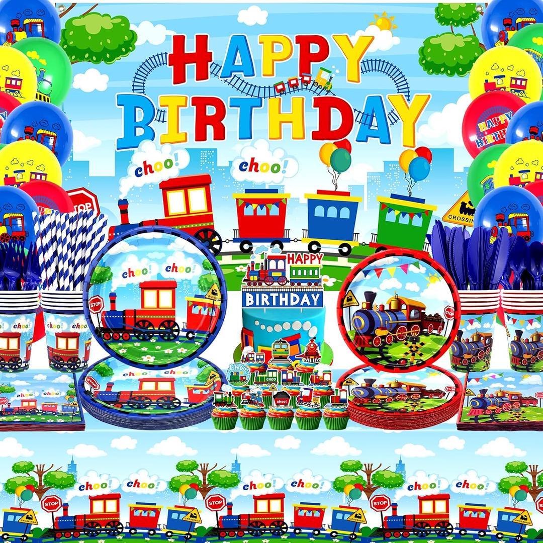 Train Party Supplies , Includes Happy Birthday Party Backdrop, Plates, Cupcake Toppers, Napkins, Cups, Tablecloths, for Train Party Vehicle Party Decorations Serves 20