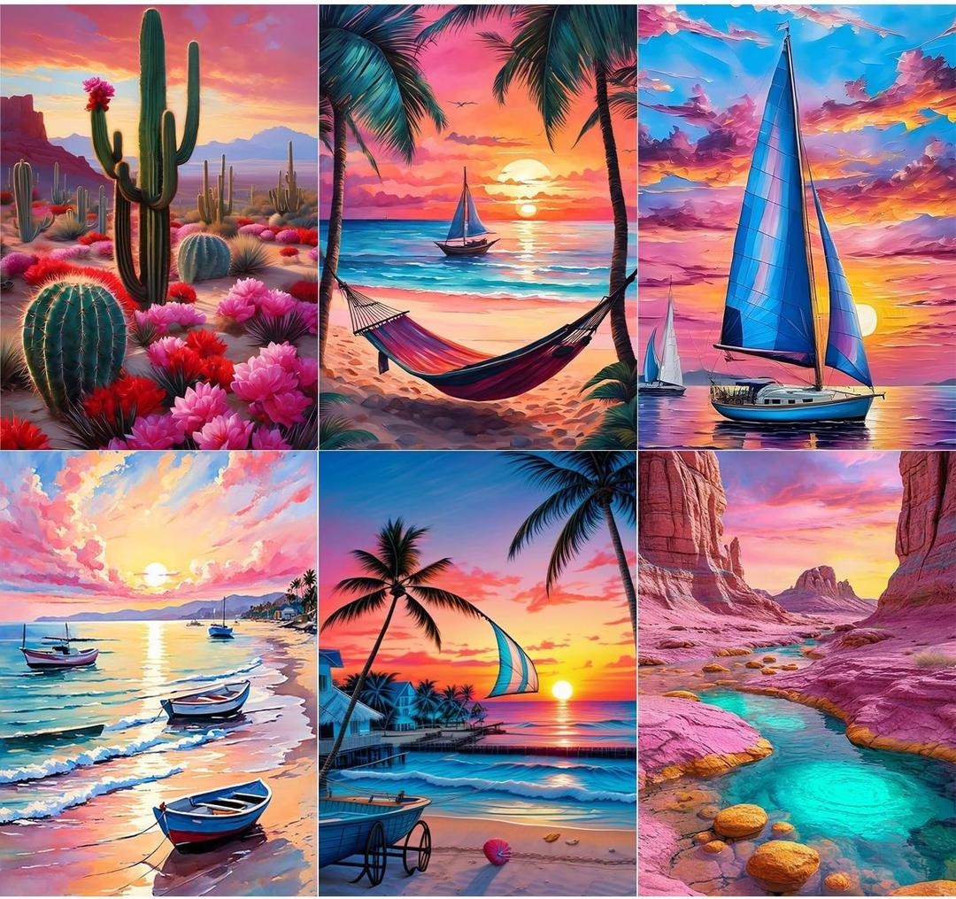 T.HENV Diamond Art Kits for Adults, 6 Packs Summer Beach Daimond Paint by Numbers Kit for Adults, 5D DIY Diamond Painting Kit, Crystal Gem Art Kits for Home Wall Deacor, Living or Bedroom, 12x16 inch