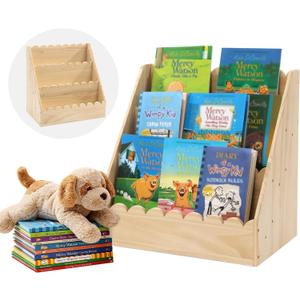 BALAPET Kids Bookshelf for Toddlers, 3-Tier Scalloped Wooden Bookcase, Durable Montessori Front Facing Book Shelf Organizer for Nursery & Classroom(Wooden,16.5 * 16.5 * 10.6in)