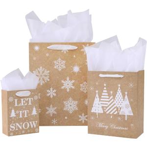 SUNCOLOR Christmas Gift Bags Assorted Sizes with Tissue Paper, 9 Pack Kraft Paper Bags in 3 Sizes, Brown and White Snowflake Design, Let It Snow Theme Holiday Gift Bags