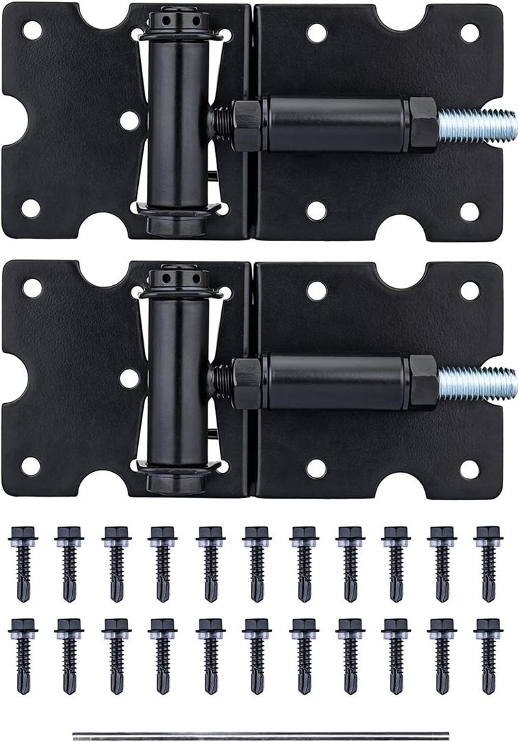 Self Closing Gate Hinges, Heavy Duty for Vinyl/Wood/Metal Fence, Pack of 2, with Slef-Tapping Screws and Adjuster Tool (Black)