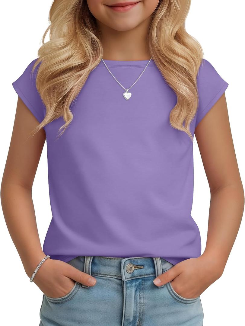 Oakgarden Girls Boat Neck Cap Sleeve Tops | Dressy Shirts, Short Sleeve Tees, Loose Fit Summer Casual T-shirts, Back to School Clothes 5-14 Years, Solid Color Outfits