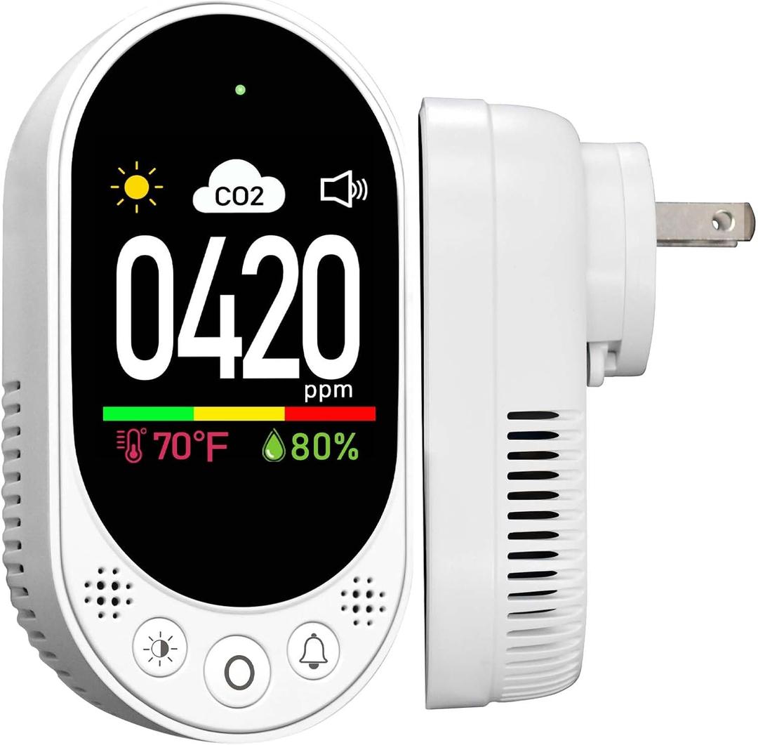 Plug-in CO2 Detector, 3-in-1 Air Quality Monitor with Temperature & Humidity, Manual Calibration, CO2 Alarm Function, Ideal for Home, Office, School, and Gym, Real-time Monitoring
