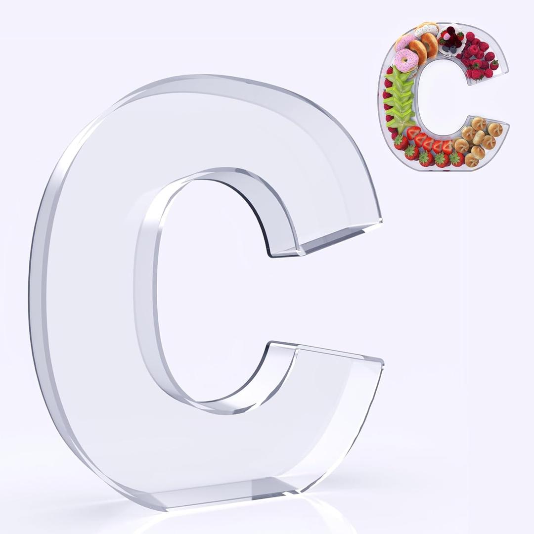 11" Acrylic Letter Charcuterie Box, Reusable Fillable Alphabet Number Shaped Form Tray for Birthday Anniversaries, Party Decorative Serving Plates Display Candy Cake (C)