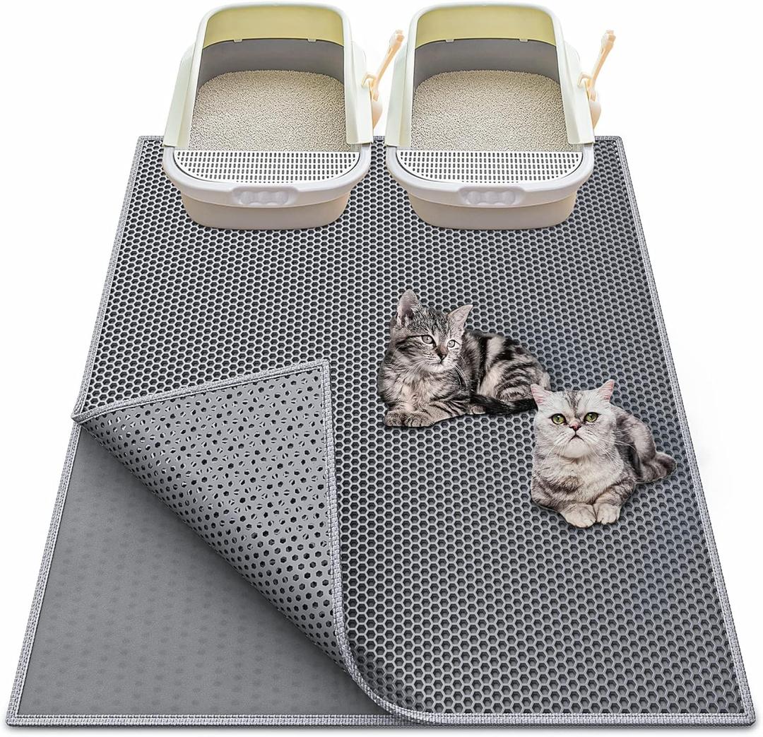 Cat Litter Box Mat: 36"x 30" Waterproof Kitty Cat Litter Trapping Mat, Easy-clean Double-layer Scatter Control Pad Rug (Grey)