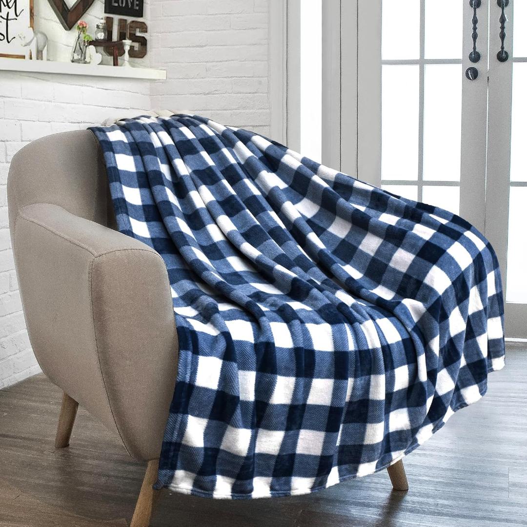 PAVILIA Buffalo Check Fleece Throw Blanket | Blue White Checkered Plaid Flannel Blanket | Soft Velvet Lightweight Microfiber Blanket for Bed Couch Sofa | 60x80 Inches Checker Navy