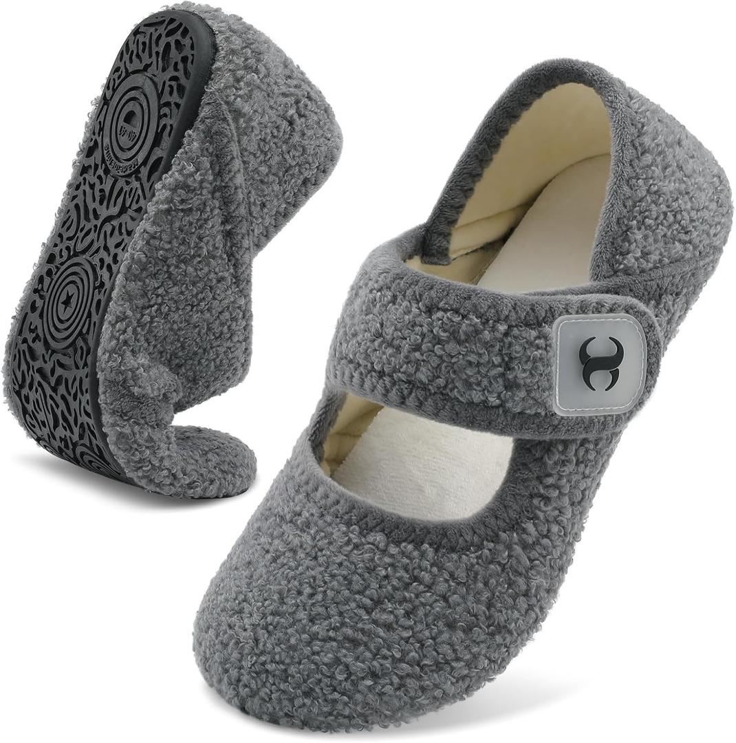 Scurtain Comfy House Slippers for Women Men Wide Diabetic Sock Slippers Soft Slip On Slippers Cozy Barefoot House Shoes (10.5-11 Women/9-9.5 Men, Grey), 44-45