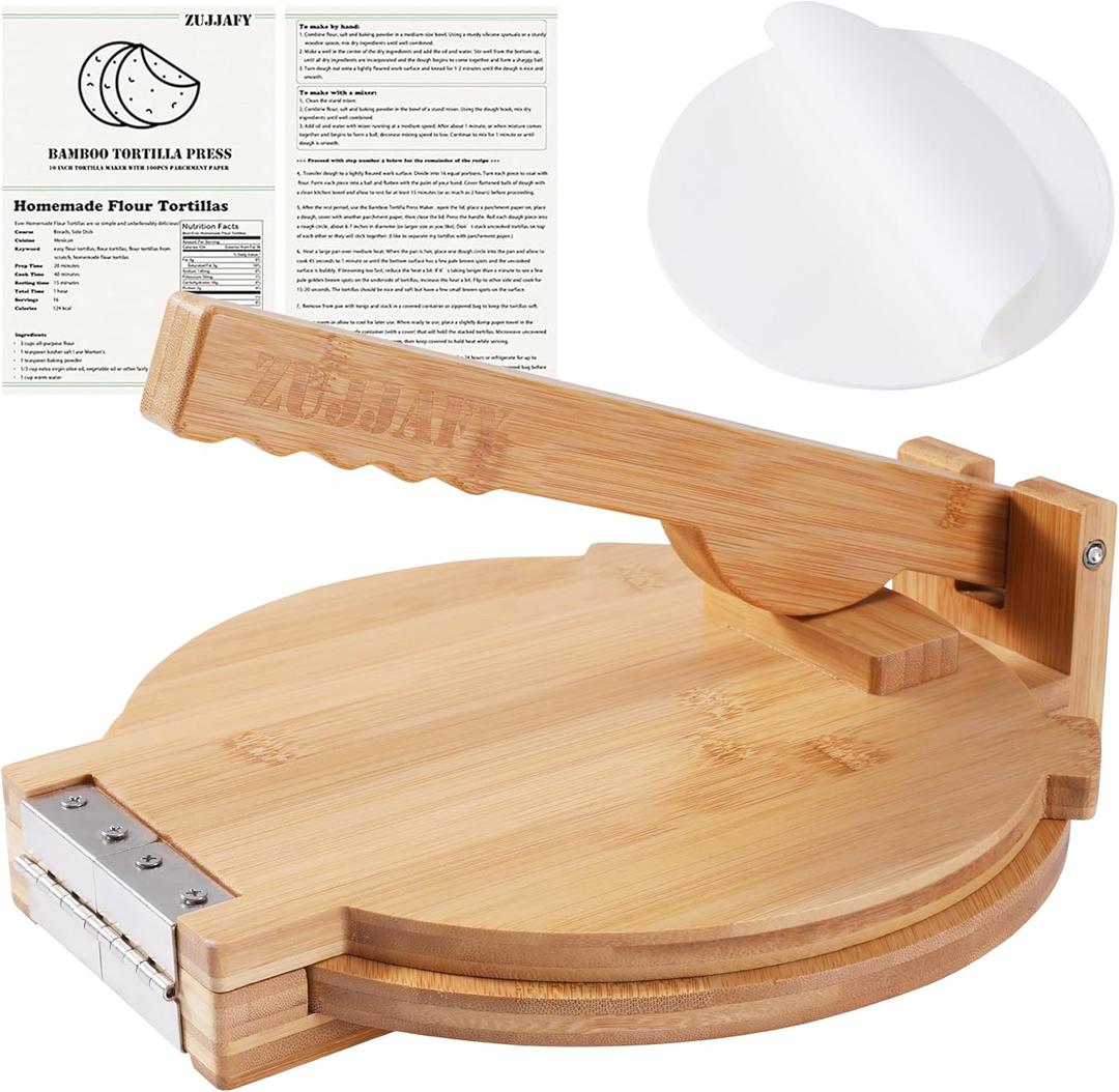 ZUJJAFY Tortilla Press 10 Inch Bamboo Tortilla Maker with 100 Parchment Paper, Mexican Tortillera Presser Homemade Tortillas Pataconera Dough Press (Round)