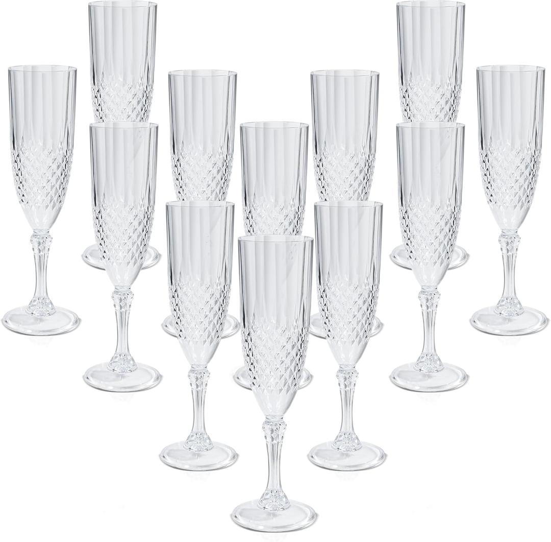 12 Pcs Plastic Champagne Flutes, 7 Oz Acrylic White Champagne Flutes, Plastic Goblets Champagne Glasses for Wedding Bridal Shower Bars Party(Clear)