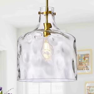 12" Farmhouse Pendant Light, Hand-Blown Clear Hammered Glass Hanging Light Fixture with Brass Gold Finish, Adjustable Chain Ceiling Light for Kitchen Island, Dining Room, Hallway, E26 Socket