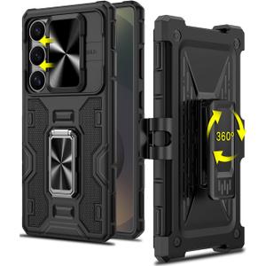 Caka for Samsung Galaxy S25 Ultra Case with Belt Clip Holster Slide Camera Cover Built-in 360 Rotate Ring Holder Stand Heavy Duty Shockproof Protective S25 Ultra Case 2025, Black