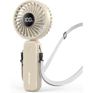 AMACOOL Handheld Fan Foldable, 5000mAh Rechargeable Hand Fans with Powerful Cooling, 4 Speeds, LED Display, Portable Fan for Travel,Concerts,Makeup,Lash,Outdoor Events,Gifts Women (Beige)