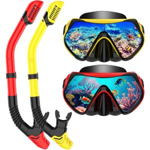 Snorkeling Gear for Adults, Dry-Top Snorkel Set Scuba Diving mask, 180Panoramic Wide View Professional Snorkeling Gear Breathing Freely Snorkel Mask (Yellow+Red)