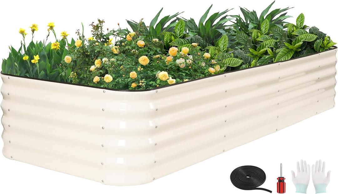 GoCampDriect 6IN1 Raised Garden Bed - 8x3x1.4ft Galvanized Raised Garden Boxes Outdoor Corrosion Resistant | Variable Shape 9x2x1.4ft Metal Raised Garden Beds for Planting Vegetable, Fruits,Flower (White)