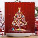 Shower Curtain Christmas, Holiday Shower Curtain Red Christmas Tree Candy Cane Stocking Jingle Bells Bulb Winter ShowerCurtain Waterproof Fabric Machine Washable Home Farmhouse Decor Bath Curtains