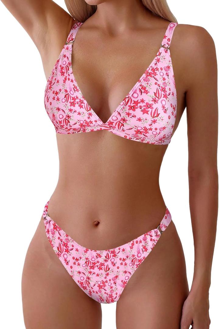 ZAFUL Women's 2 Piece Floral Print Swimsuit Triangle String High Cut Bikini Sets Bathing Suit (1-pink) S