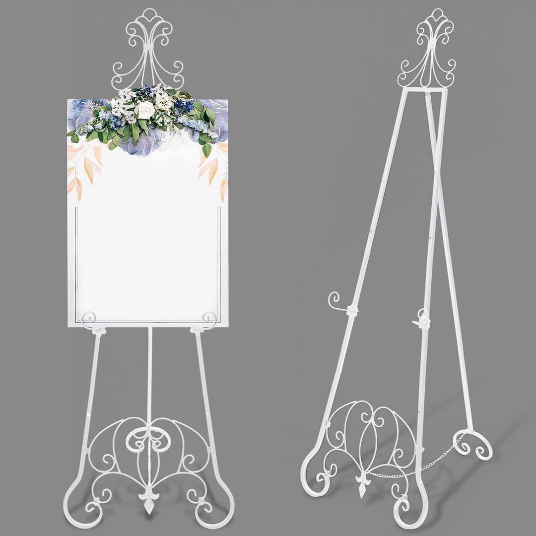 1 Pack White Easel Stand for Wedding Sign, 57'' Adjustable Vintage Scroll Floor Display Stand with Chain Support for Welcome Poster, Photo, Art, Decorative Event Display