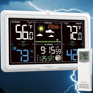 Weather Station Wireless Indoor Outdoor, Indoor Outdoor Thermometer Wireless Clock, Weather Stations Digital Home Gauge 7.6in Large Display Atomic Clock Temperature Humidity Phase, White