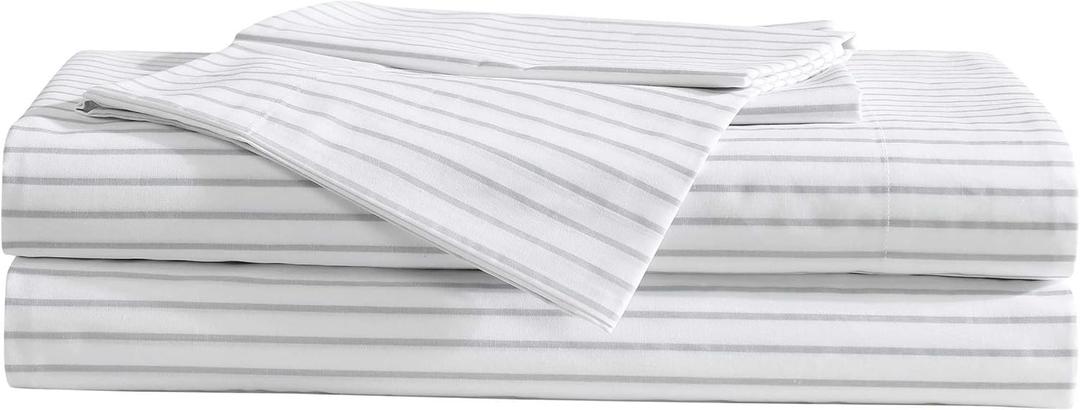 Eddie Bauer - Sheet Set, Luxurious Cotton Percale Bedding with Matching Pillowcase, Crisp & Cool, Fully Elasticized (Arden Stripe Grey, Twin)